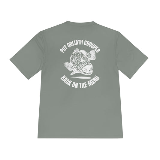 Moisture-Wicking T-Shirt: Put Goliath Grouper Back On The Menu (Cubera Skull Front) - Unisex